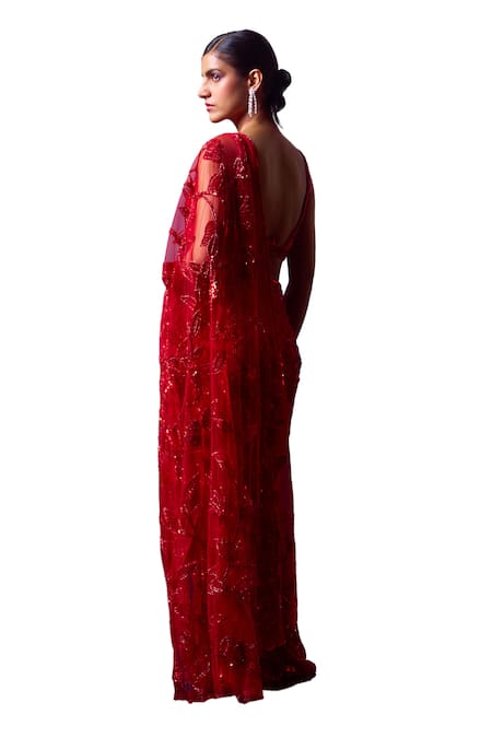 Buy_Angad Singh_Red Net Sequins, Crystals, Beads Sweetheart Mystic Rosa Embroidered Saree Set 