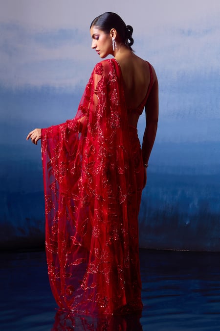 Shop_Angad Singh_Red Net Sequins, Crystals, Beads Sweetheart Mystic Rosa Embroidered Saree Set 