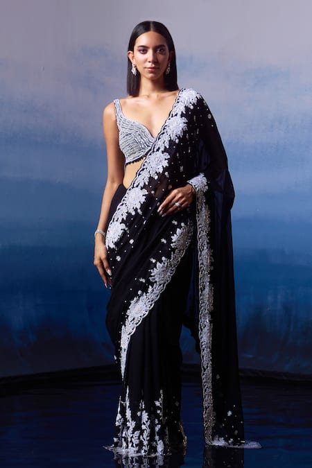 Angad Singh Periwinkle Agate Embroidered Saree Set 