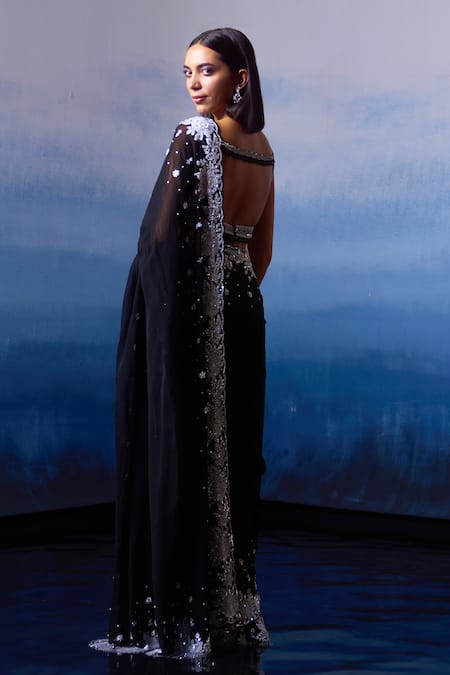 Angad Singh Periwinkle Agate Embroidered Saree Set 