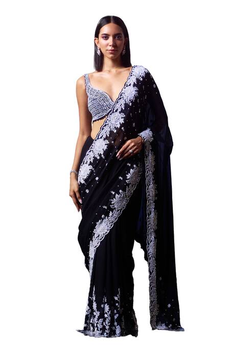 Angad Singh_Black Georgette Pearls, Sequins, Periwinkle Agate Embroidered Saree Set _Online_at_Aza_Fashions