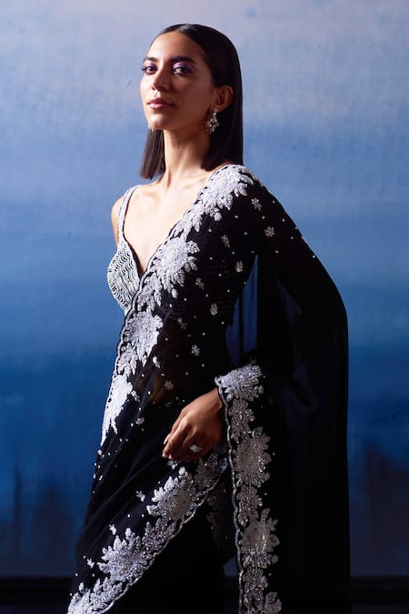 Buy_Angad Singh_Black Georgette Pearls, Sequins, Periwinkle Agate Embroidered Saree Set _Online_at_Aza_Fashions
