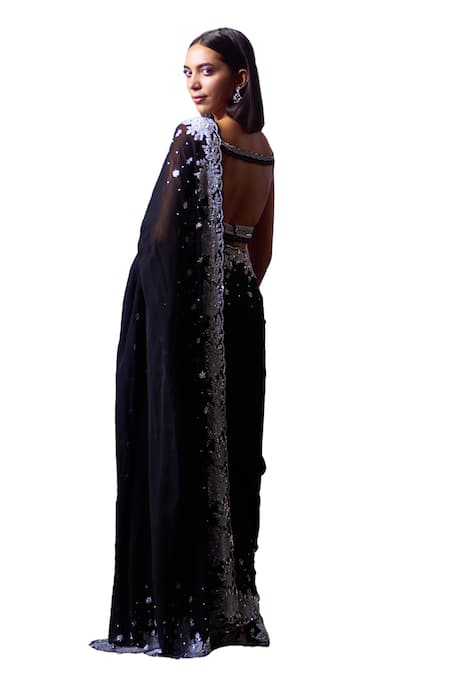Angad Singh_Black Georgette Pearls, Sequins, Periwinkle Agate Embroidered Saree Set _at_Aza_Fashions