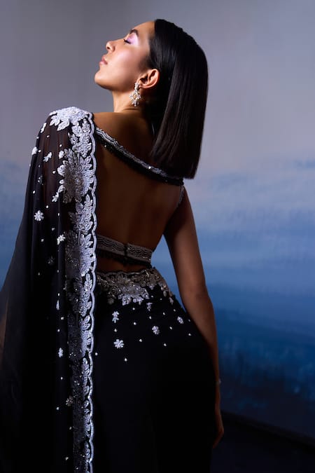 Buy_Angad Singh_Black Georgette Pearls, Sequins, Periwinkle Agate Embroidered Saree Set 