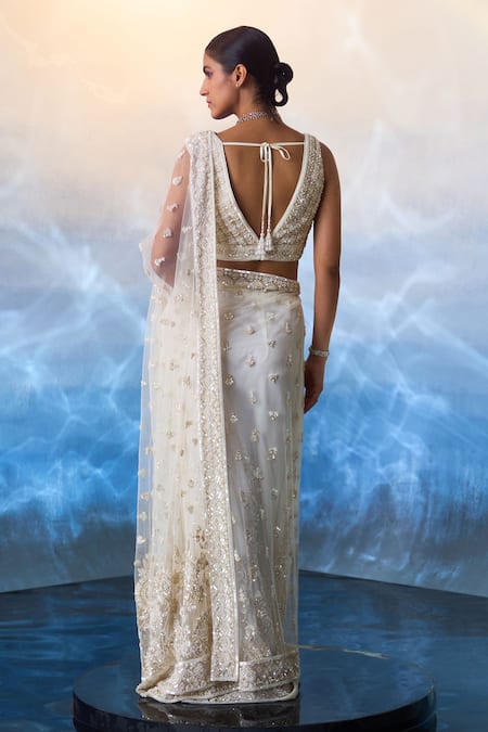 Angad Singh Daisy Dusk Embroidered Net Saree Set 