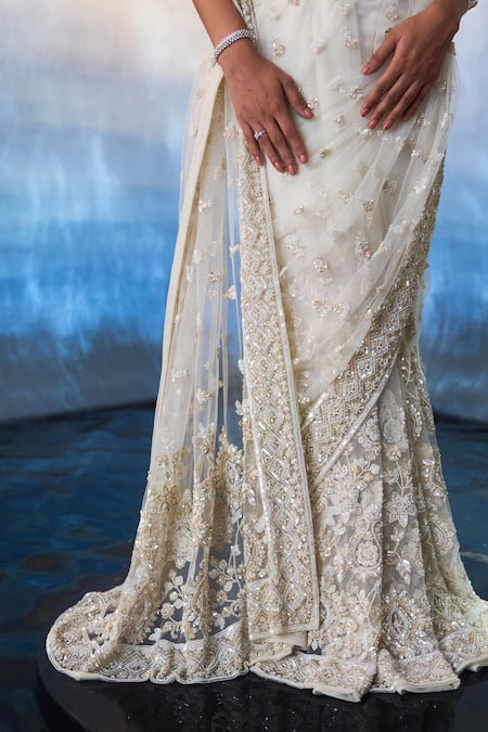 Buy_Angad Singh_Ivory Net Sequins, Crystals, Beads Plunge Neck Daisy Dusk Embroidered Saree Set _Online_at_Aza_Fashions