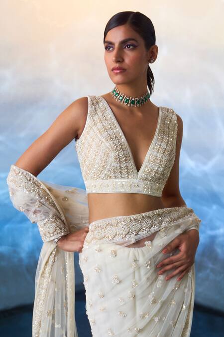 Shop_Angad Singh_Ivory Net Sequins, Crystals, Beads Plunge Neck Daisy Dusk Embroidered Saree Set _Online_at_Aza_Fashions