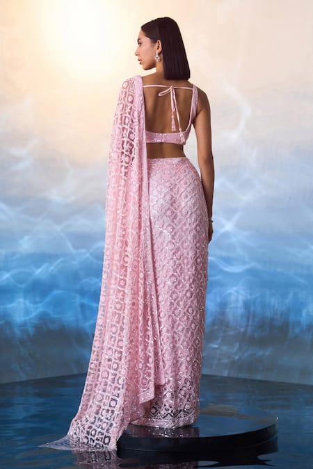 Angad Singh Petunia Charm Embroidered Net Saree Set 