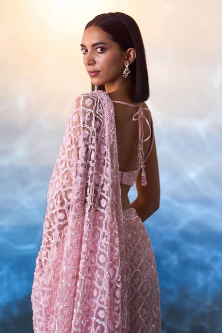 Angad Singh_Pink Net Sequins, Crystals, Beads Plunge Petunia Charm Embroidered Saree Set _Online_at_Aza_Fashions