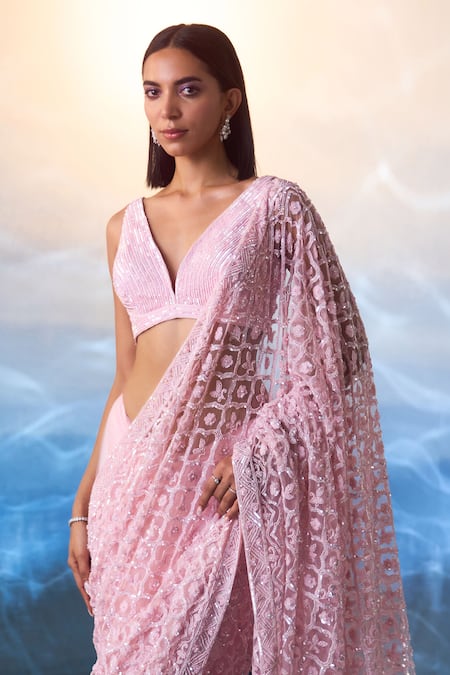 Buy_Angad Singh_Pink Net Sequins, Crystals, Beads Plunge Petunia Charm Embroidered Saree Set _Online_at_Aza_Fashions