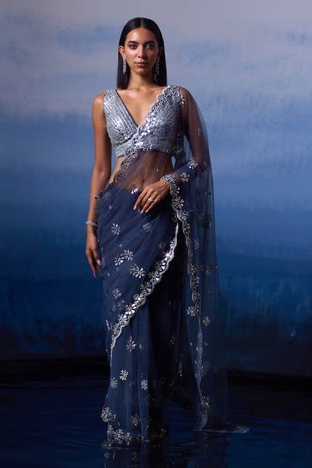 Angad Singh Grey Net Embroidery Leather Applique Plunging V Neck Eden Floris Saree Set 