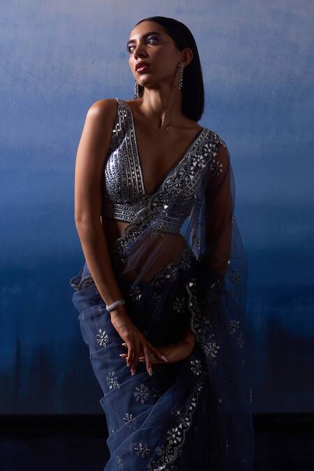 Buy_Angad Singh_Grey Net Mirrors, Zari, Applique Plunge Neck Eden Floris Embroidered Saree Set _Online_at_Aza_Fashions