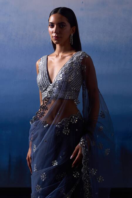 Shop_Angad Singh_Grey Net Mirrors, Zari, Applique Plunge Neck Eden Floris Embroidered Saree Set _Online_at_Aza_Fashions