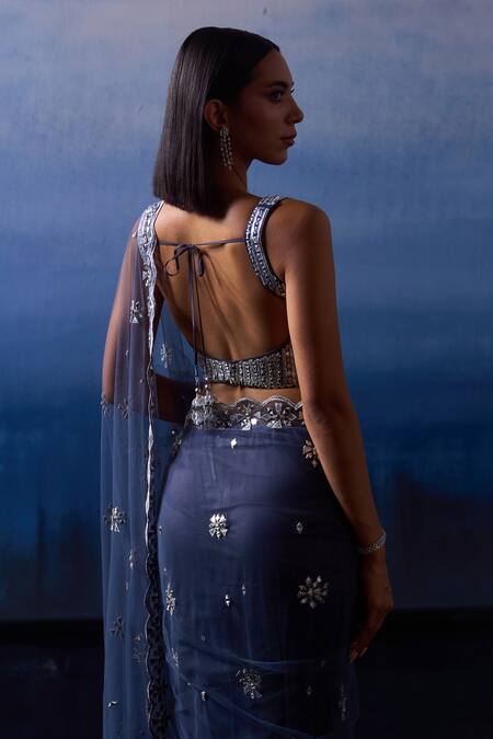 Angad Singh_Grey Net Mirrors, Zari, Applique Plunge Neck Eden Floris Embroidered Saree Set _at_Aza_Fashions