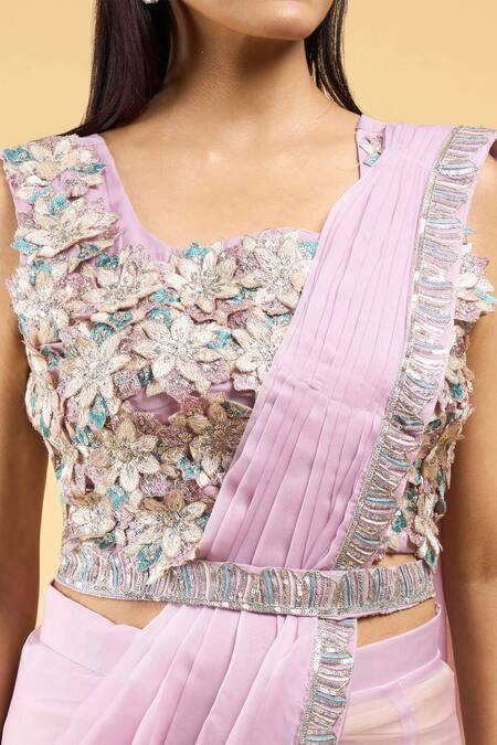 Buy_Samyukta Singhania_Purple Georgette Sequins, Embroidery Round Pre-draped Saree With Floral Blouse