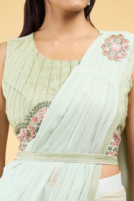 Samyukta Singhania Blue Georgette Sequins, Embroidery Sweetheart Work Pre-draped Saree With Blouse at Aza Fashions Samyukta Singhania_Blue Georgette Sequins, Embroidery Sweetheart Work Pre-draped Saree With Blouse_at_Aza_Fashions