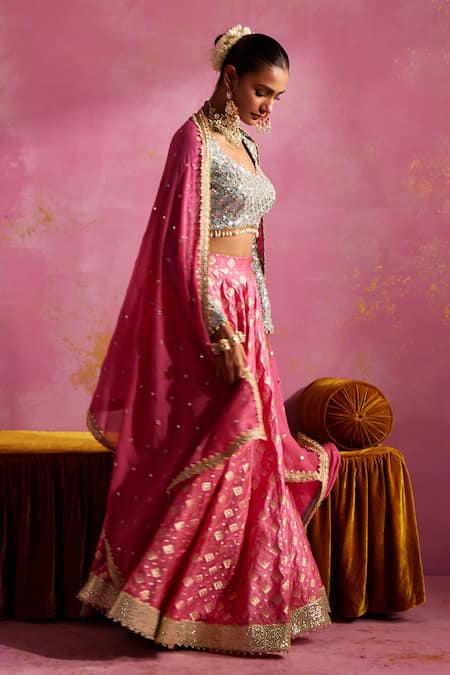 Buy Mustard Moon By Neyha And Vrinda Pink Brocade, Chanderi Pearls, Sequins V-neck Embroidered Blouse Lehenga Set Online at Aza Fashions Buy_Mustard Moon By Neyha And Vrinda_Pink Brocade, Chanderi Pearls, Sequins V-neck Embroidered Blouse Lehenga Set _Online_at_Aza_Fashions