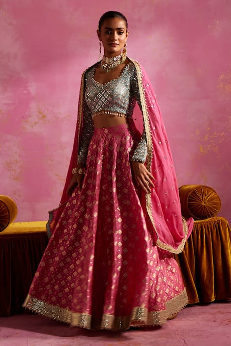 Shop Mustard Moon By Neyha And Vrinda Pink Brocade, Chanderi Pearls, Sequins V-neck Embroidered Blouse Lehenga Set Online at Aza Fashions Shop_Mustard Moon By Neyha And Vrinda_Pink Brocade, Chanderi Pearls, Sequins V-neck Embroidered Blouse Lehenga Set _Online_at_Aza_Fashions
