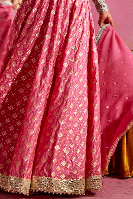 Mustard Moon By Neyha And Vrinda Pink Brocade, Chanderi Pearls, Sequins V-neck Embroidered Blouse Lehenga Set at Aza Fashions Mustard Moon By Neyha And Vrinda_Pink Brocade, Chanderi Pearls, Sequins V-neck Embroidered Blouse Lehenga Set _at_Aza_Fashions