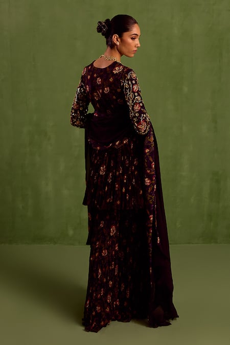 Neha Khullar Floral Printed Mirrorwork Peplum Kurta Sharara Set 