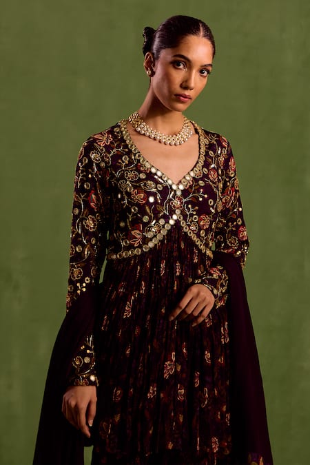 Neha Khullar_Purple Viscose, Crepe Beads, Floral Printed Mirrorwork Peplum Kurta Sharara Set _Online_at_Aza_Fashions