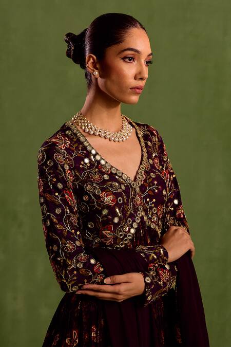 Buy_Neha Khullar_Purple Viscose, Crepe Beads, Floral Printed Mirrorwork Peplum Kurta Sharara Set _Online_at_Aza_Fashions
