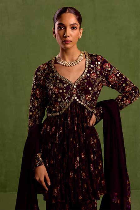 Shop_Neha Khullar_Purple Viscose, Crepe Beads, Floral Printed Mirrorwork Peplum Kurta Sharara Set _Online_at_Aza_Fashions