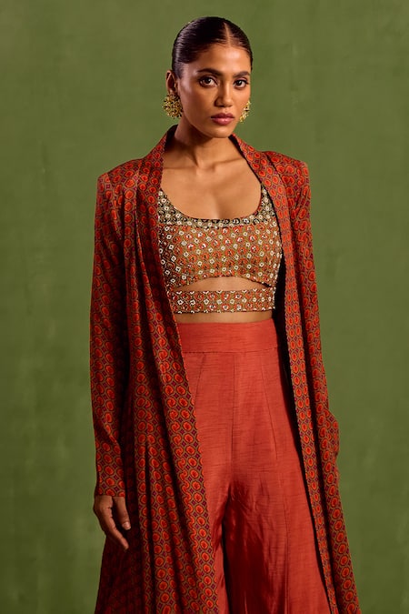 Neha Khullar Orange Viscose, Crepe Sequins, Beads Scoop Floral Butti Print Jacket Sharara Set Online at Aza Fashions Neha Khullar_Orange Viscose, Crepe Sequins, Beads Scoop Floral Butti Print Jacket Sharara Set _Online_at_Aza_Fashions