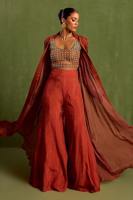 Buy Neha Khullar Orange Viscose, Crepe Sequins, Beads Scoop Floral Butti Print Jacket Sharara Set Online at Aza Fashions Buy_Neha Khullar_Orange Viscose, Crepe Sequins, Beads Scoop Floral Butti Print Jacket Sharara Set _Online_at_Aza_Fashions