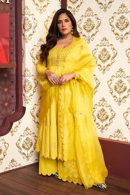 Label Earthen Yellow Cotton Mul Embroidered Floral V Neck Amaltaas Anarkali And Sharara Set