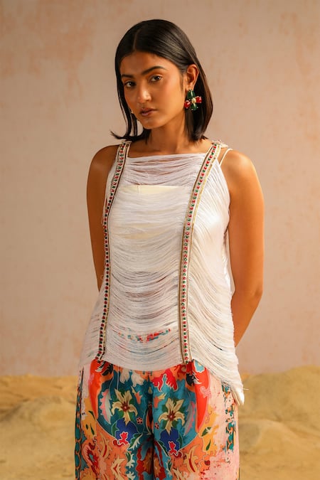 Buy Aditi Gupta Ivory Georgette, Satin Sequins, Pearls Round Embroidered Top And Flared Pant Set Buy_Aditi Gupta_Ivory Georgette, Satin Sequins, Pearls Round Embroidered Top And Flared Pant Set