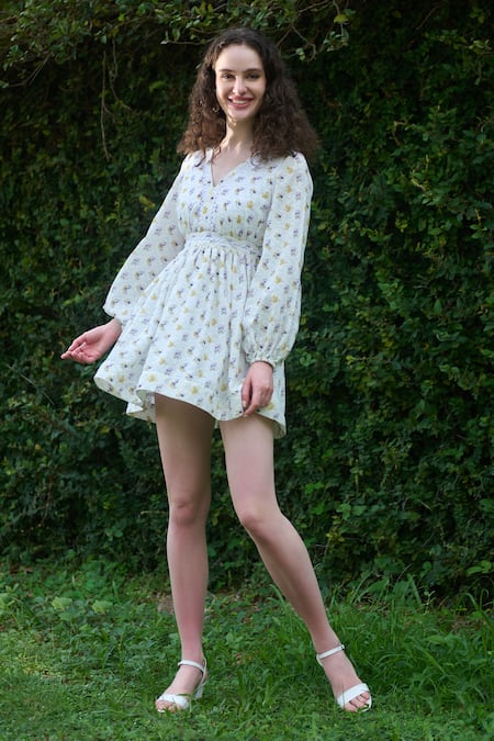 Shop Verano By Tanya White Cotton Linen Printed Floral V-neck Emma Mini Dress at Aza Fashions Shop_Verano By Tanya_White Cotton Linen Printed Floral V-neck Emma Mini Dress _at_Aza_Fashions