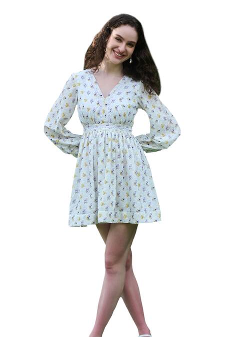 Verano By Tanya White Cotton Linen Printed Floral V-neck Emma Mini Dress Online at Aza Fashions Verano By Tanya_White Cotton Linen Printed Floral V-neck Emma Mini Dress _Online_at_Aza_Fashions