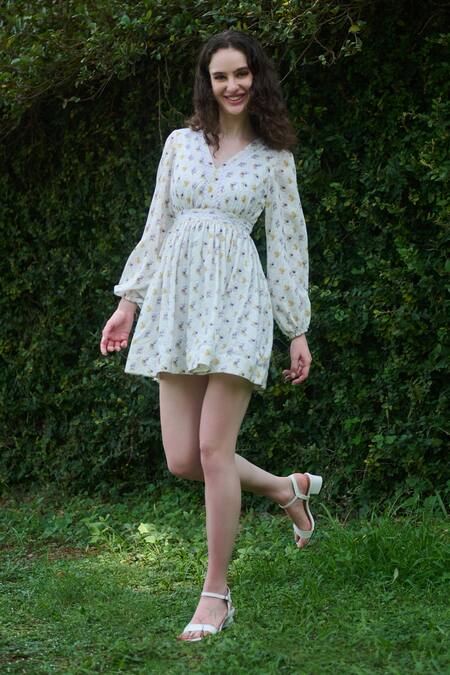 Buy Verano By Tanya White Cotton Linen Printed Floral V-neck Emma Mini Dress Online at Aza Fashions Buy_Verano By Tanya_White Cotton Linen Printed Floral V-neck Emma Mini Dress _Online_at_Aza_Fashions