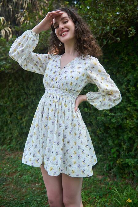 Shop Verano By Tanya White Cotton Linen Printed Floral V-neck Emma Mini Dress Online at Aza Fashions Shop_Verano By Tanya_White Cotton Linen Printed Floral V-neck Emma Mini Dress _Online_at_Aza_Fashions