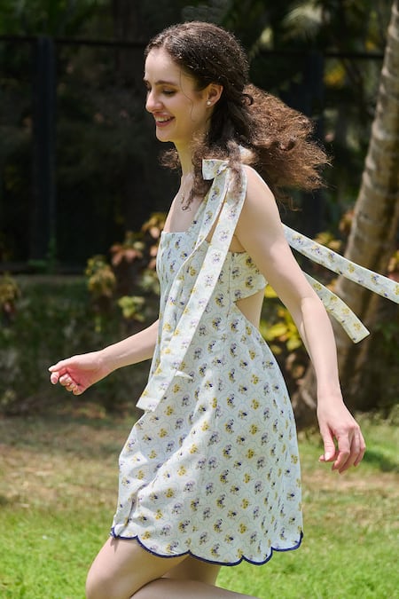 Verano By Tanya_White Cotton Linen Printed Floral Square Emma Tie Up Dress _at_Aza_Fashions