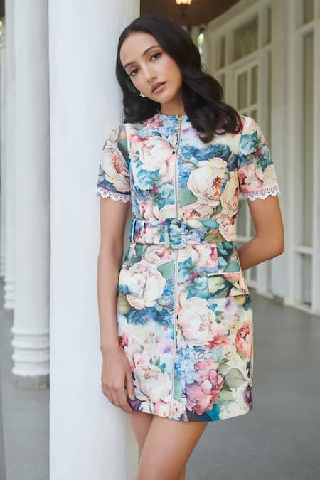 Verano By Tanya Multi Color Cotton Linen Printed Floral Closed Neck Freesia Mini Dress Online at Aza Fashions Verano By Tanya_Multi Color Cotton Linen Printed Floral Closed Neck Freesia Mini Dress _Online_at_Aza_Fashions