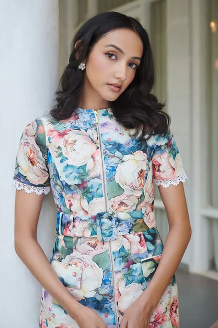 Buy Verano By Tanya Multi Color Cotton Linen Printed Floral Closed Neck Freesia Mini Dress Online at Aza Fashions Buy_Verano By Tanya_Multi Color Cotton Linen Printed Floral Closed Neck Freesia Mini Dress _Online_at_Aza_Fashions