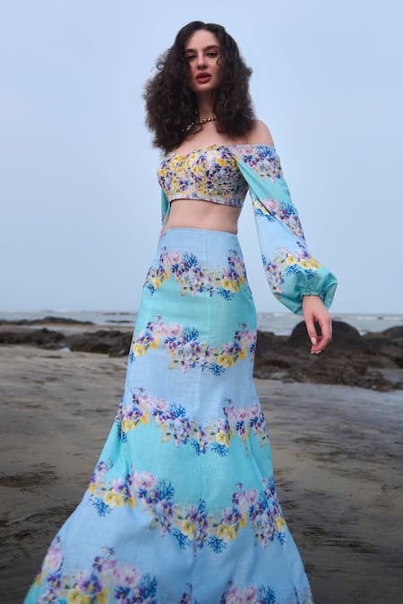 Shop Verano By Tanya Blue Cotton Linen Printed Floral Sweetheart Marina Crop Top at Aza Fashions Shop_Verano By Tanya_Blue Cotton Linen Printed Floral Sweetheart Marina Crop Top _at_Aza_Fashions