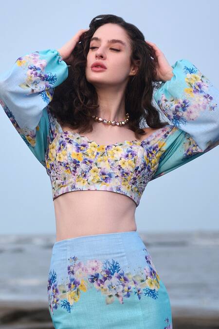 Shop Verano By Tanya Blue Cotton Linen Printed Floral Sweetheart Marina Crop Top Online at Aza Fashions Shop_Verano By Tanya_Blue Cotton Linen Printed Floral Sweetheart Marina Crop Top _Online_at_Aza_Fashions