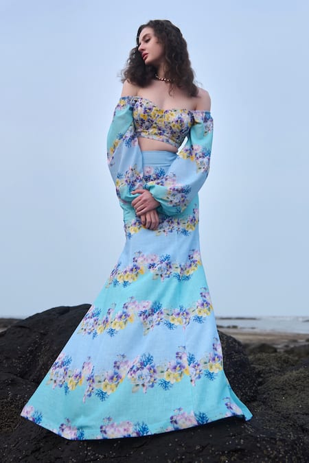 Shop Verano By Tanya Blue Cotton Linen Printed Floral Marina Skirt at Aza Fashions Shop_Verano By Tanya_Blue Cotton Linen Printed Floral Marina Skirt _at_Aza_Fashions