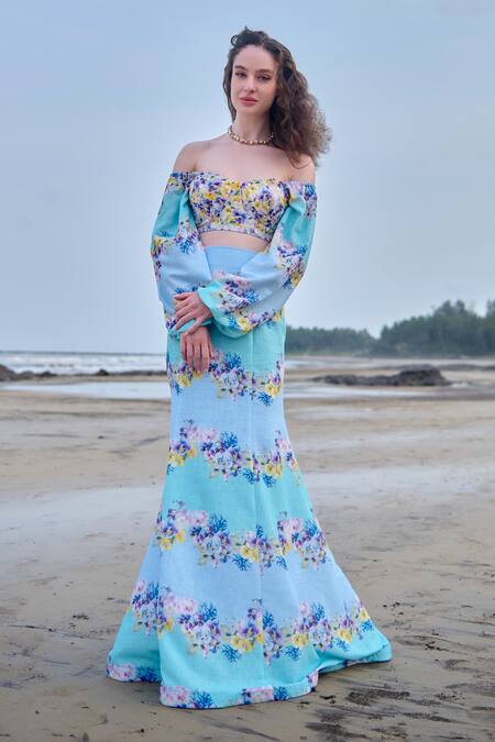 Verano By Tanya Blue Cotton Linen Printed Floral Marina Skirt Online at Aza Fashions Verano By Tanya_Blue Cotton Linen Printed Floral Marina Skirt _Online_at_Aza_Fashions