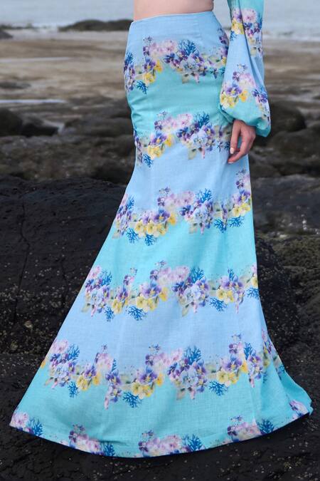 Buy Verano By Tanya Blue Cotton Linen Printed Floral Marina Skirt Online at Aza Fashions Buy_Verano By Tanya_Blue Cotton Linen Printed Floral Marina Skirt _Online_at_Aza_Fashions