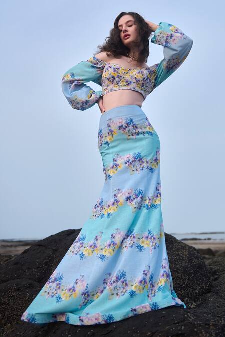 Verano By Tanya Blue Cotton Linen Printed Floral Marina Skirt at Aza Fashions Verano By Tanya_Blue Cotton Linen Printed Floral Marina Skirt _at_Aza_Fashions