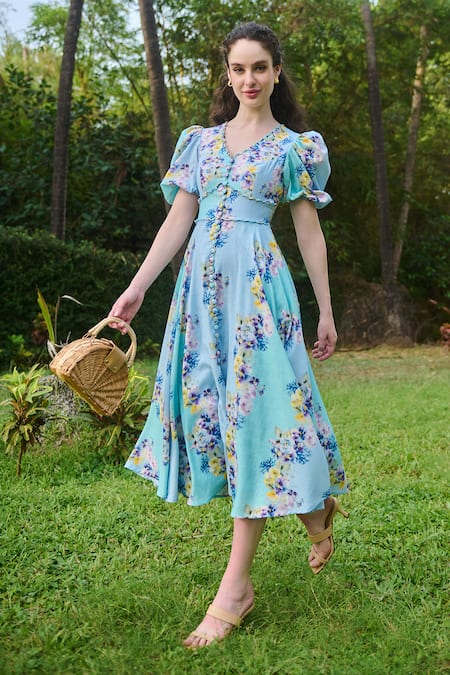 Verano by Tanya Blue Cotton Linen Printed Floral V-neck Marina Flared Dress