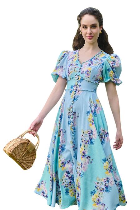 Shop Verano By Tanya Blue Cotton, Linen Embroidery V-neck Marina Floral Print Flared Dress Online at Aza Fashions Shop_Verano By Tanya_Blue Cotton, Linen Embroidery V-neck Marina Floral Print Flared Dress _Online_at_Aza_Fashions