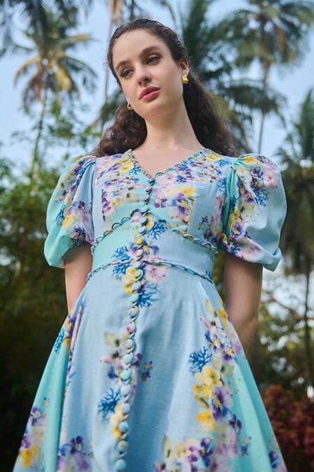 Buy Verano By Tanya Blue Cotton, Linen Embroidery V-neck Marina Floral Print Flared Dress Buy_Verano By Tanya_Blue Cotton, Linen Embroidery V-neck Marina Floral Print Flared Dress