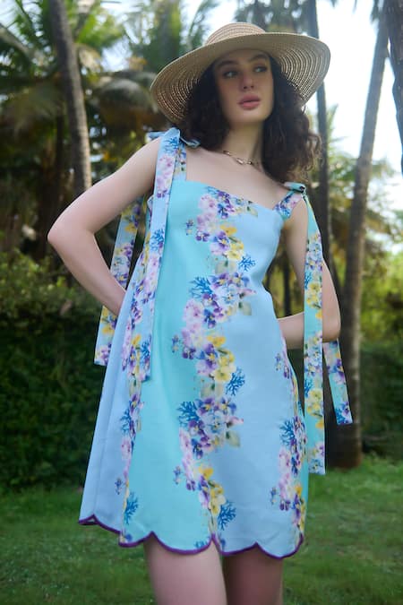 Buy Verano By Tanya Blue Cotton Linen Printed Floral Square Marina Tie Up Dress Online at Aza Fashions Buy_Verano By Tanya_Blue Cotton Linen Printed Floral Square Marina Tie Up Dress _Online_at_Aza_Fashions