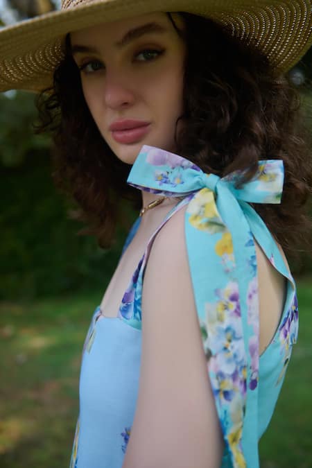 Verano By Tanya Blue Cotton Linen Printed Floral Square Marina Tie Up Dress at Aza Fashions Verano By Tanya_Blue Cotton Linen Printed Floral Square Marina Tie Up Dress _at_Aza_Fashions