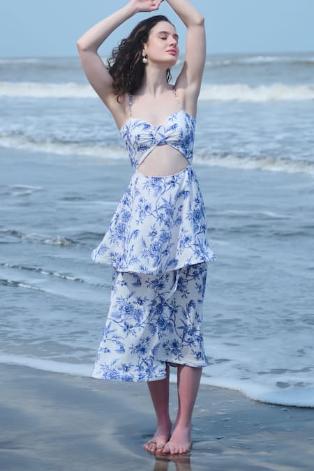 Verano By Tanya_White Cotton, Linen Sweetheart Neck Silvia Floral Print Cutout Dress _Online_at_Aza_Fashions